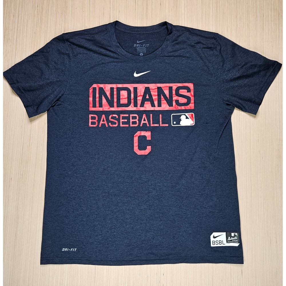 Cleveland Indians Nike Baseball Shirt Center Swoosh Men L Navy Blue Dri-Fit MLB